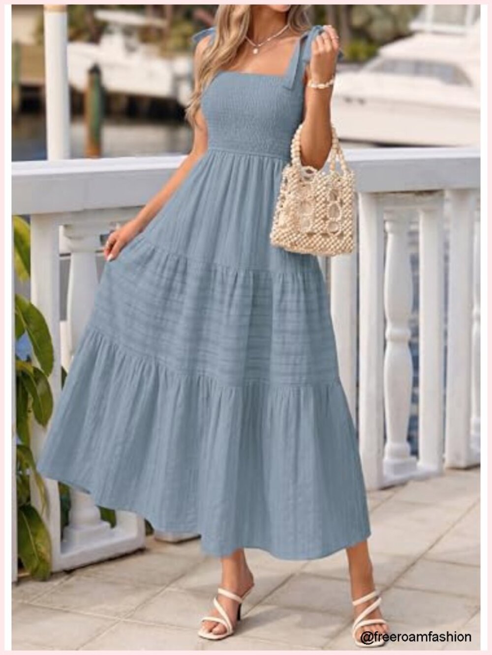 Smocked Boho Maxi Dress Tie Shoulder Sleeveless A-Line Beach Sundress - Picture 5 of 6